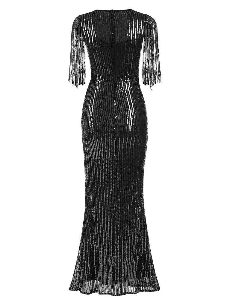 View 9: 1930s 1930s Sequined Tassels Mesh Patchwork Dress, perfect for retro themed parties, vintage fashion enthusiasts and special occasions