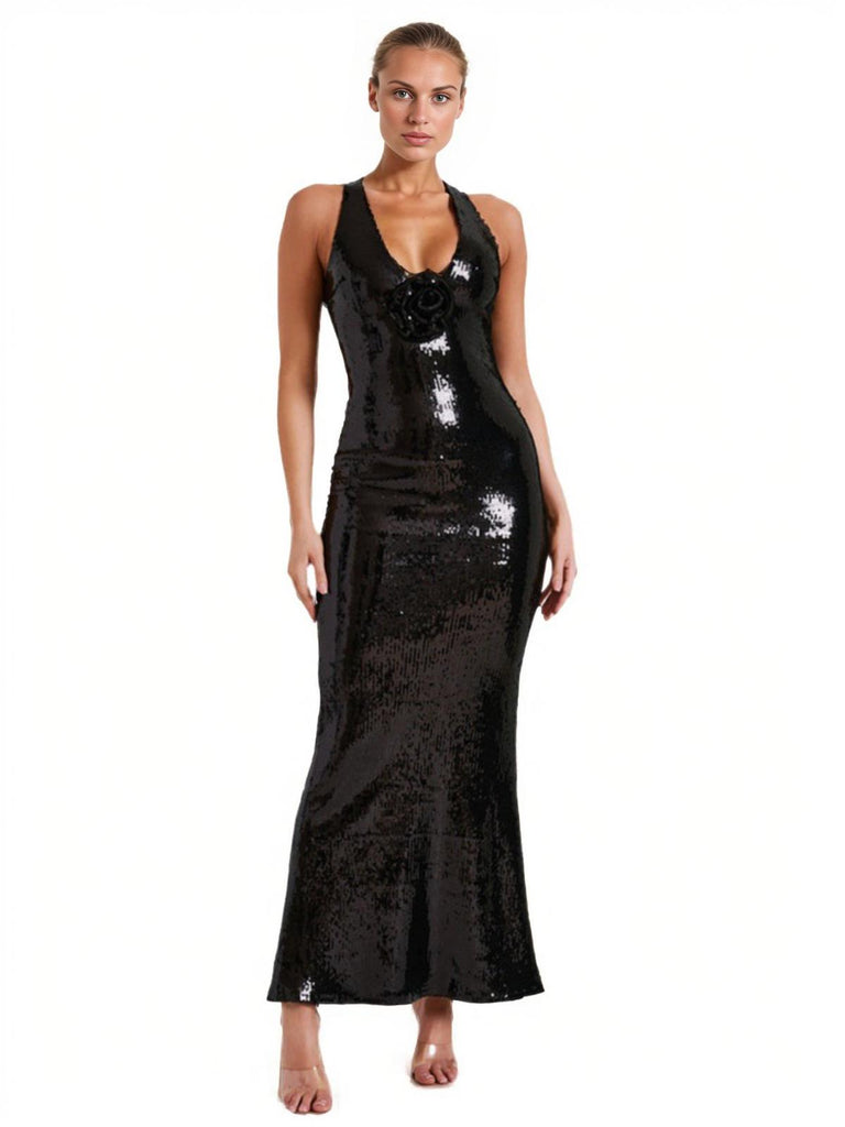 1930s Sequined V-Neck 3D Flower Dress, vintage dress, retro fashion - perfect for women who love vintage and retro fashion