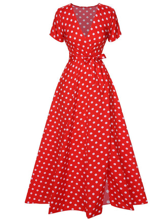 1930s Side Slit Deep V-Neck Polka Dots Dress, vintage dress, retro fashion - perfect for women who love vintage and retro fashion