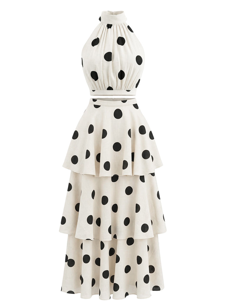 2PCS Beige 1930s Polka Dot Halter Sleeveless Top & Cake Skirt - vintage skirt, retro style