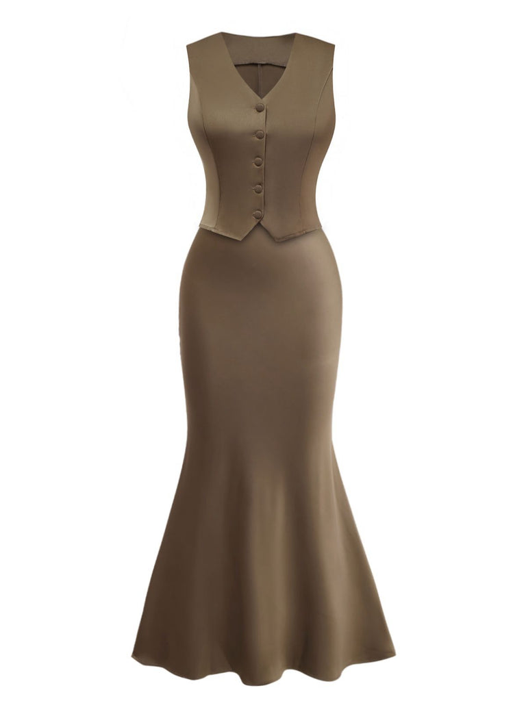 2PCS Brown 1930s Solid Satin Sleeveless V-Neck Vest & Fishtail Skirt - vintage skirt, retro style