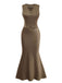 2PCS Brown 1930s Solid Satin Sleeveless V-Neck Vest & Fishtail Skirt - vintage skirt, retro style