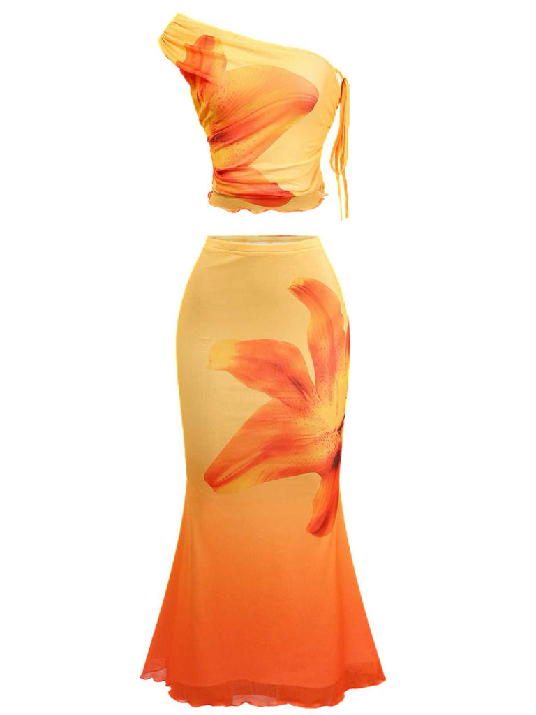2PCS 1930s Lily Mesh One-Shoulder Crop Top & Mermaid Skirt - vintage skirt, retro style