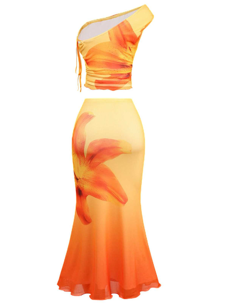 2PCS 1930s Lily Mesh One-Shoulder Crop Top & Mermaid Skirt - vintage skirt, retro style