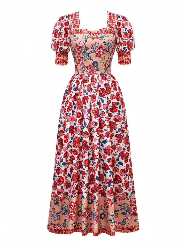 2PCS Red 1930s Floral Lantern Sleeve Cutout Top & Ruched Skirt - vintage skirt, retro style, elegant red