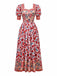2PCS Red 1930s Floral Lantern Sleeve Cutout Top & Ruched Skirt - vintage skirt, retro style, elegant red