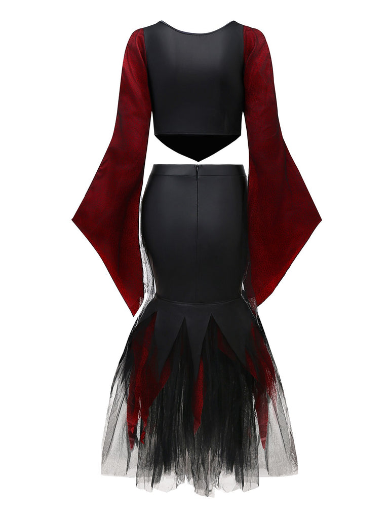 2PCS Red 1930s Wicked Cheetah Mesh Top & Mermaid Skirt - vintage skirt, retro style, elegant red