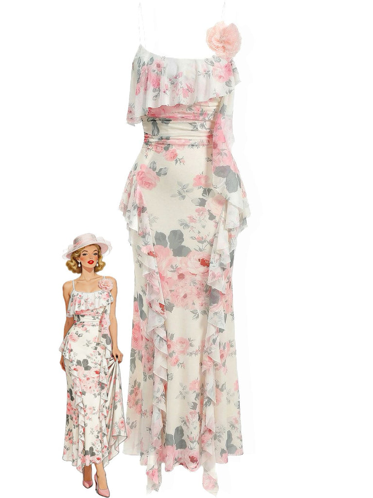 1930s Slip 3D Floral Ruffles Mesh Maxi Dress - vintage dress, retro fashion