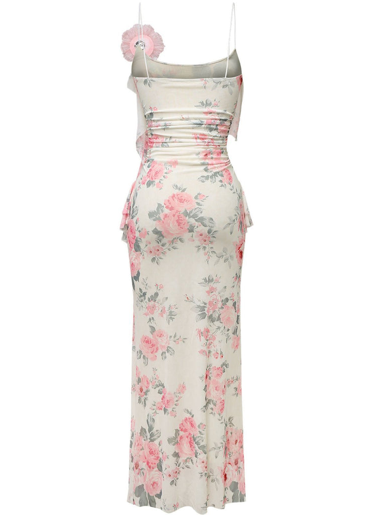 1930s Slip 3D Floral Ruffles Mesh Maxi Dress - vintage dress, retro fashion
