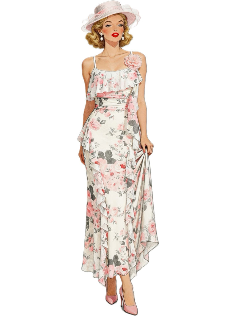 1930s Slip 3D Floral Ruffles Mesh Maxi Dress - vintage dress, retro fashion