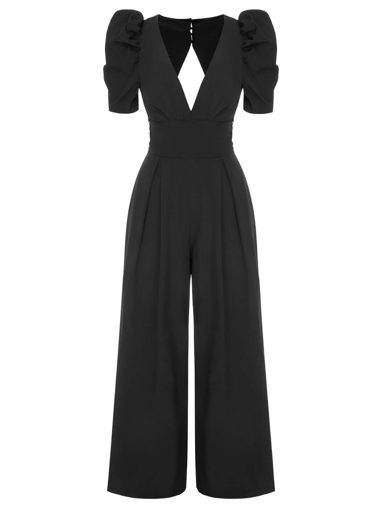 1930s Solid Deep V Puff Sleeves Jumpsuit: timeless 1930s elegance she makes her own