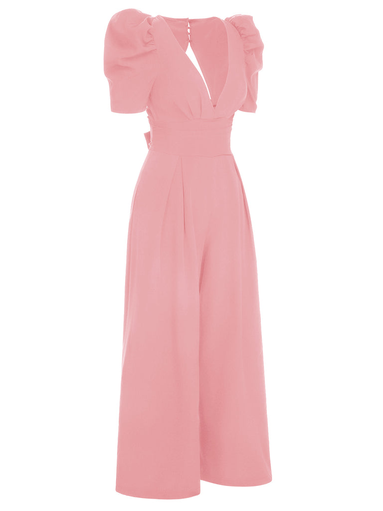1930s Solid Deep V Puff Sleeves Jumpsuit, vintage romper, retro jumpsuit - perfect for women who love vintage and retro fashion