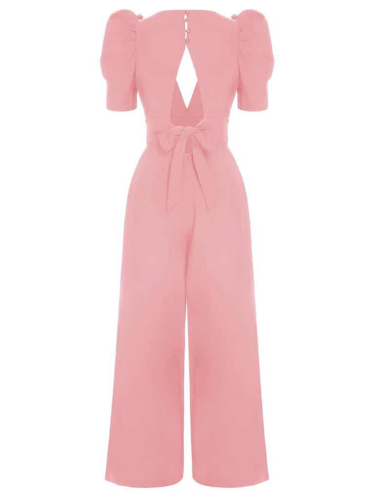 1930s Solid Deep V Puff Sleeves Jumpsuit, vintage romper, retro jumpsuit - perfect for women who love vintage and retro fashion