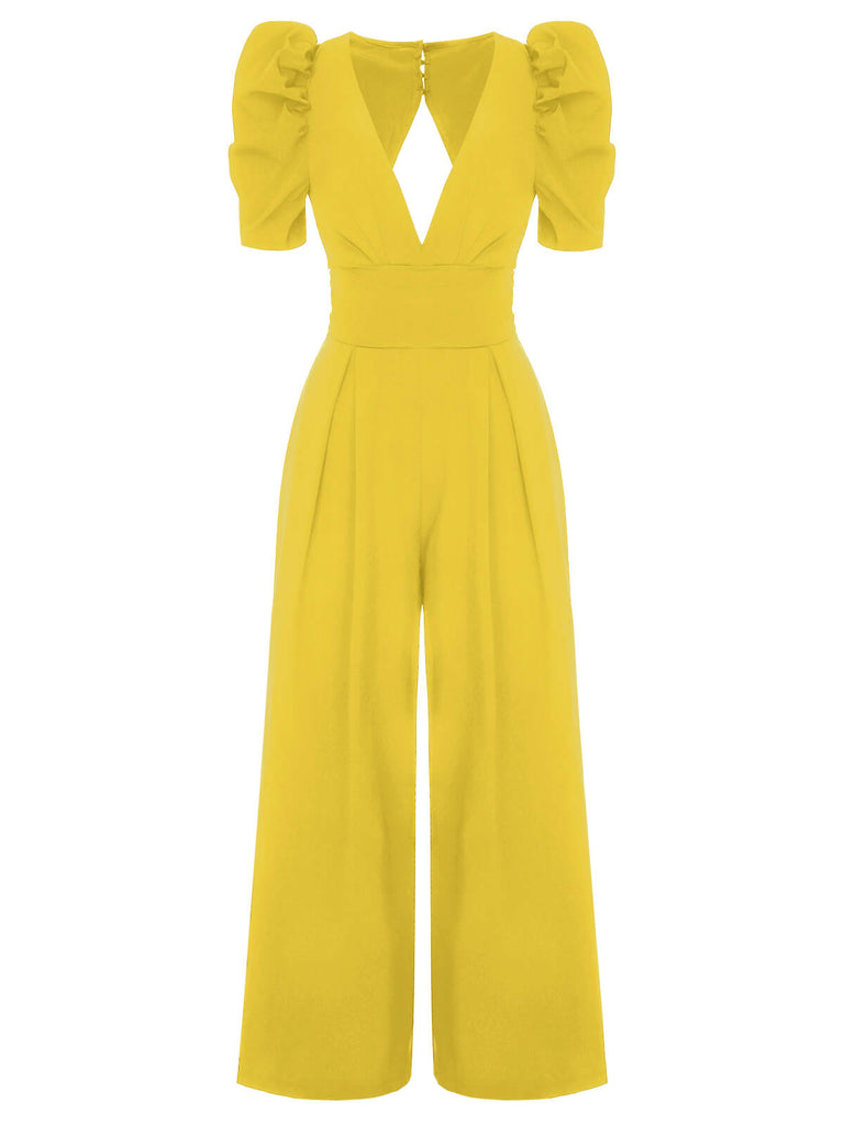 1930s Solid Deep V Puff Sleeves Jumpsuit, vintage romper, retro jumpsuit - perfect for women who love vintage and retro fashion