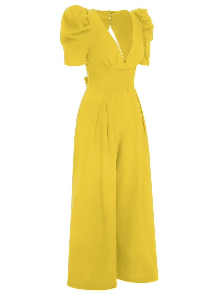 1930s Solid Deep V Puff Sleeves Jumpsuit, vintage romper, retro jumpsuit - perfect for women who love vintage and retro fashion