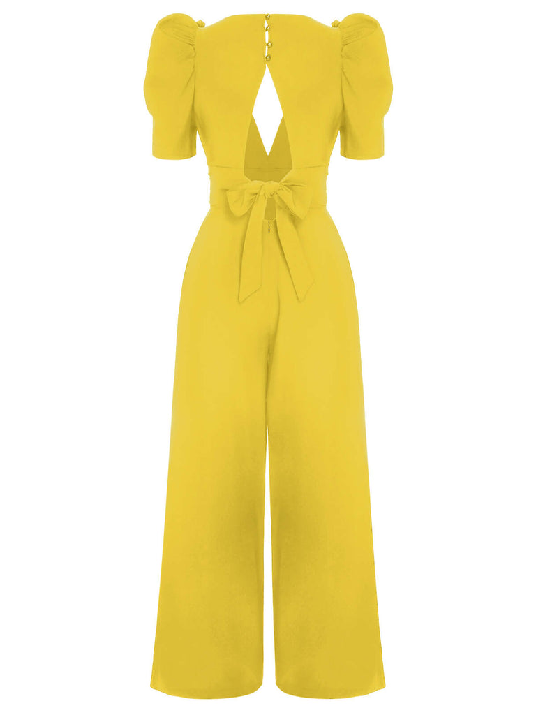 1930s Solid Deep V Puff Sleeves Jumpsuit, vintage romper, retro jumpsuit - perfect for women who love vintage and retro fashion