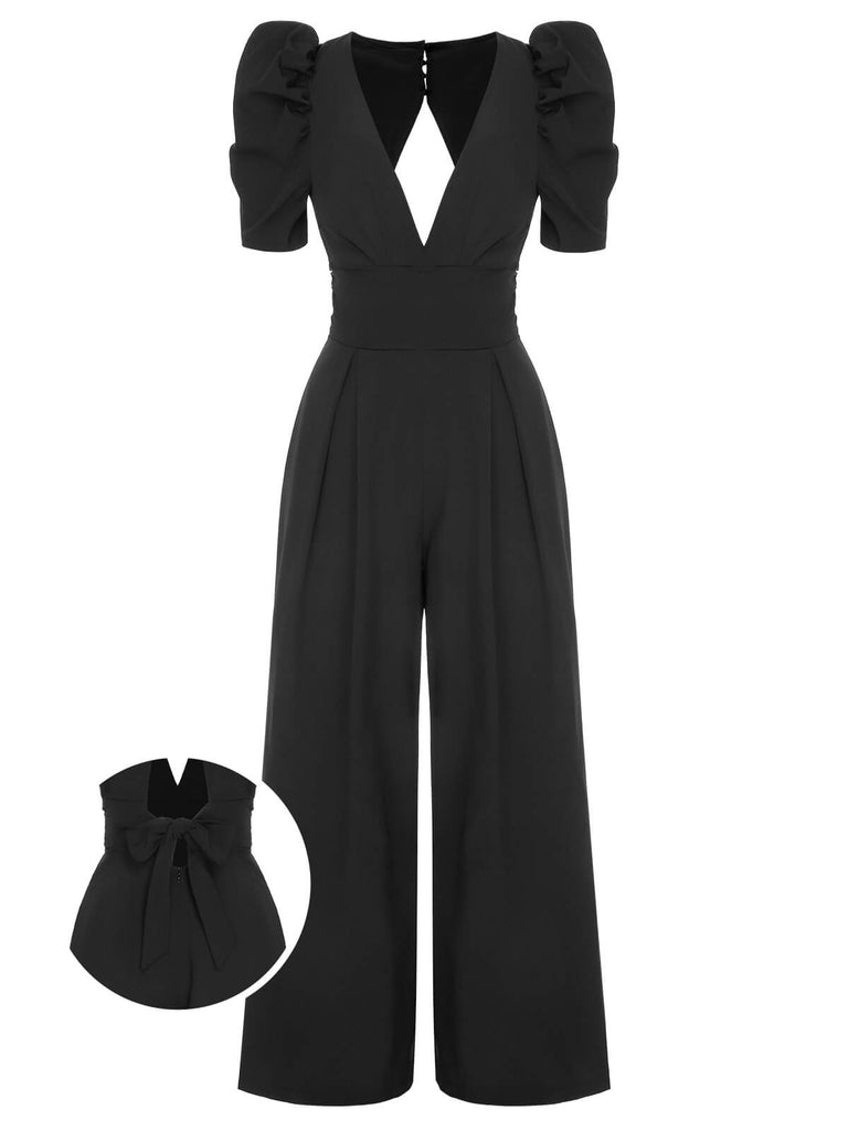 1930s Solid Deep V Puff Sleeves Jumpsuit, vintage romper, retro jumpsuit - perfect for women who love vintage and retro fashion