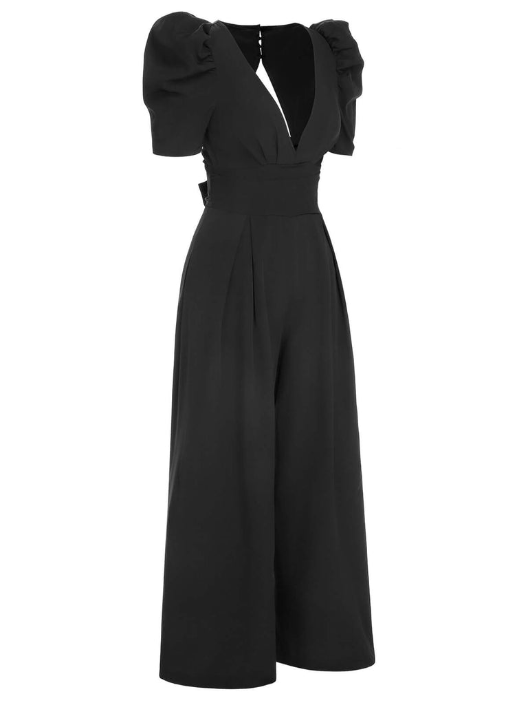 1930s Solid Deep V Puff Sleeves Jumpsuit, vintage romper, retro jumpsuit - perfect for women who love vintage and retro fashion