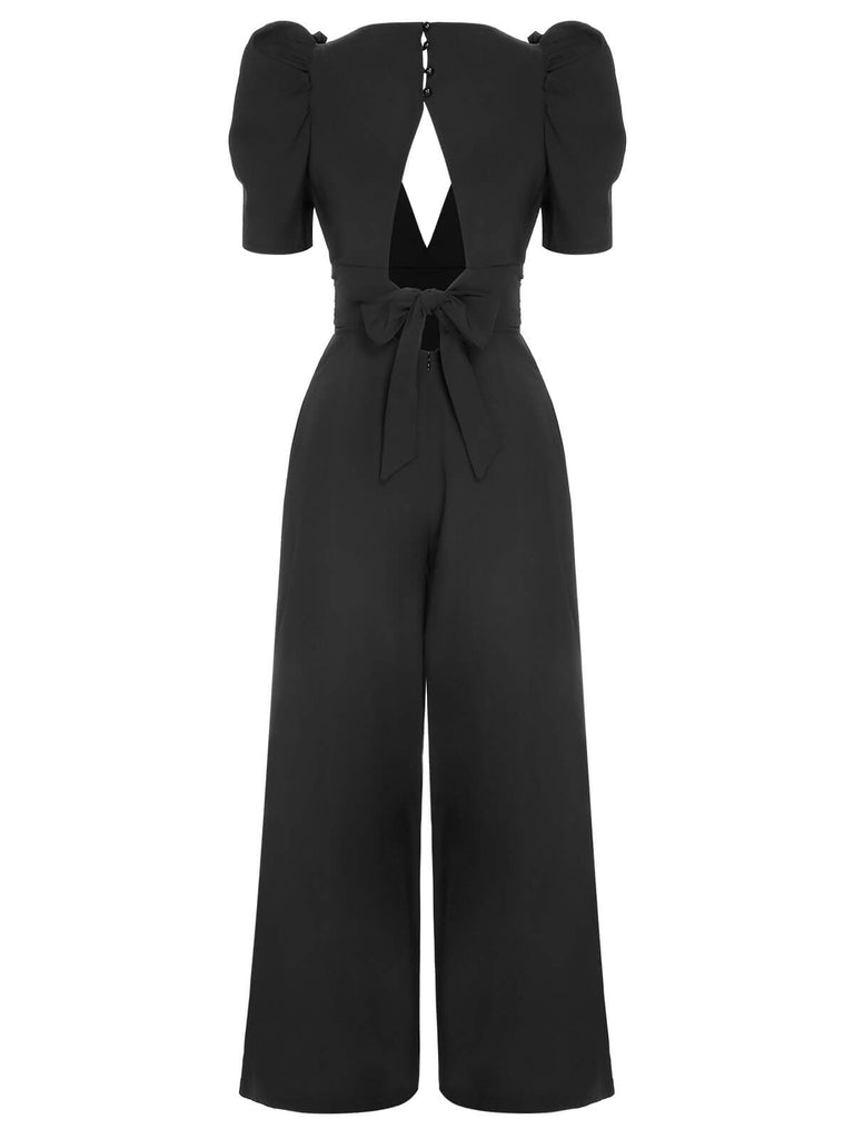 1930s Solid Deep V Puff Sleeves Jumpsuit, vintage romper, retro jumpsuit - perfect for women who love vintage and retro fashion