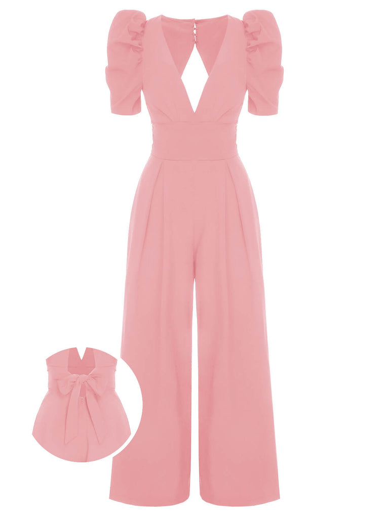 1930s Solid Deep V Puff Sleeves Jumpsuit, vintage romper, retro jumpsuit - perfect for women who love vintage and retro fashion