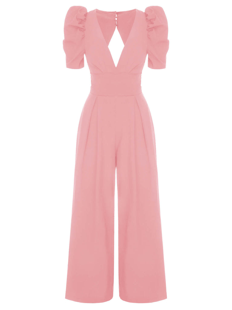 1930s Solid Deep V Puff Sleeves Jumpsuit, vintage romper, retro jumpsuit - perfect for women who love vintage and retro fashion