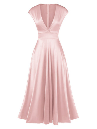 1930s Solid Deep V-Neck Satin Dress - vintage dress, retro fashion
