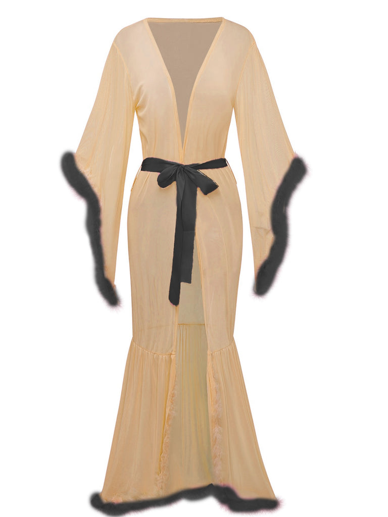 1930s Solid Feather Trim Lace-Up Mesh Robe - vintage fashion, retro style