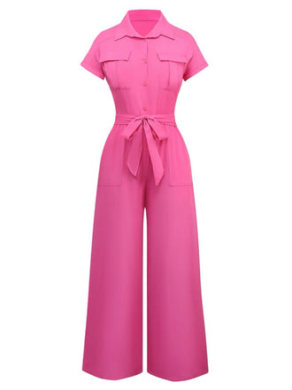1930s Solid Lapel Button Belted Cargo Jumpsuit - vintage jumpsuit, retro fashion