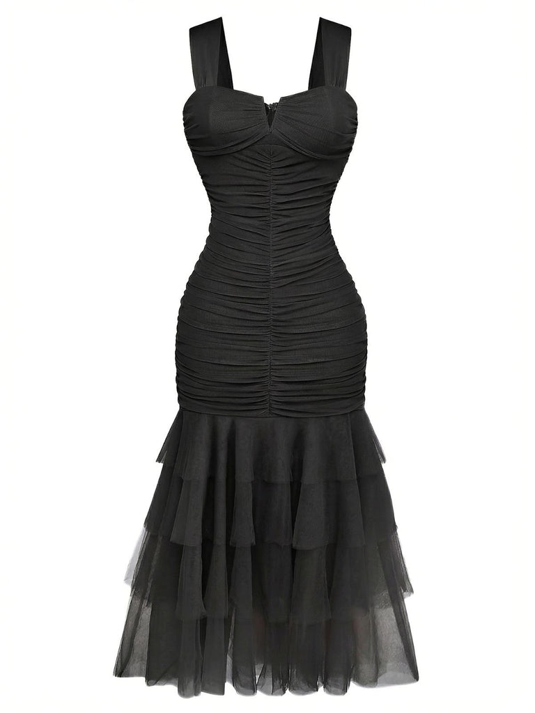 1930s Solid Mesh Patchwork Ruched Bodycon Dress - vintage dress, retro fashion