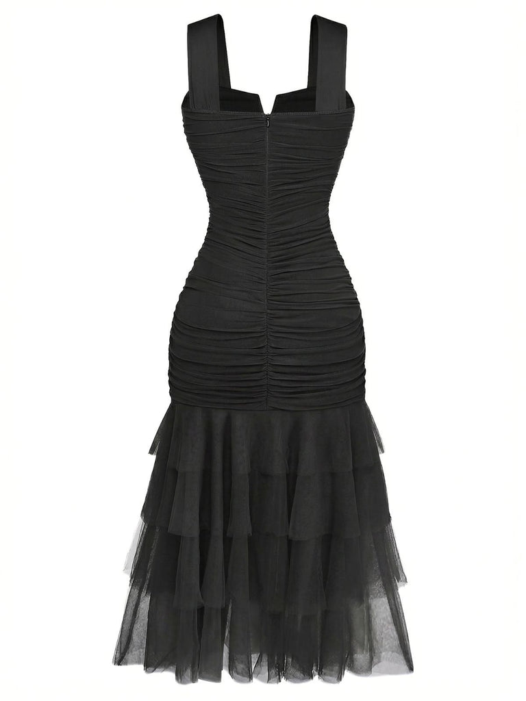1930s Solid Mesh Patchwork Ruched Bodycon Dress - vintage dress, retro fashion