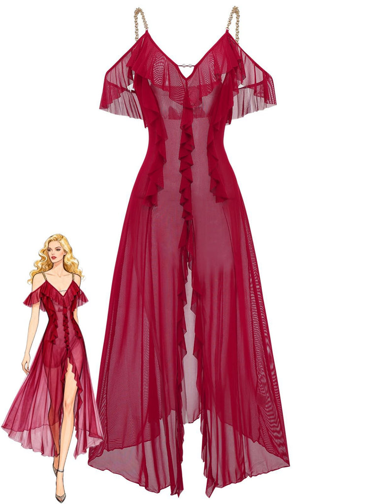 1930s Solid Mesh Ruffle Cold-Shoulder Slit Nightdress - vintage dress, retro fashion