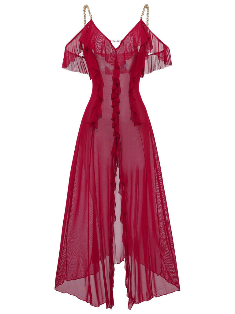 1930s Solid Mesh Ruffle Cold-Shoulder Slit Nightdress - vintage dress, retro fashion