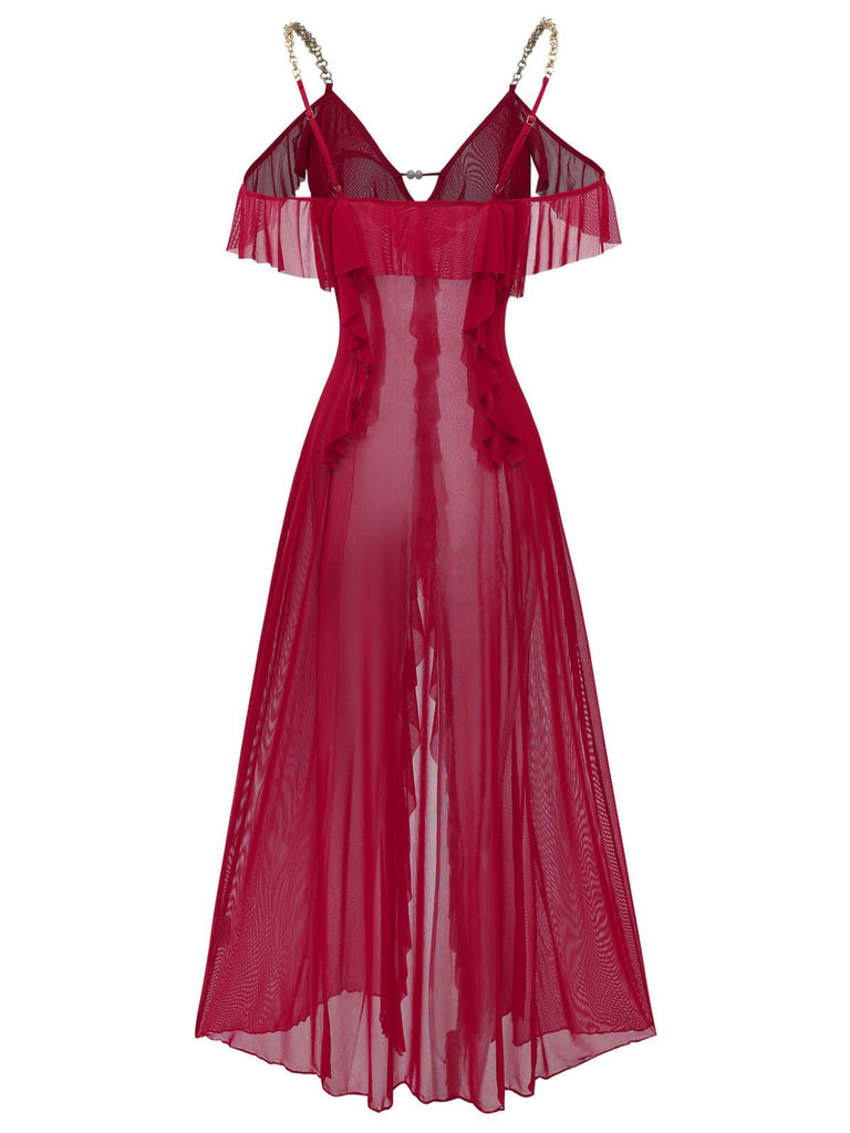 1930s Solid Mesh Ruffle Cold-Shoulder Slit Nightdress - vintage dress, retro fashion
