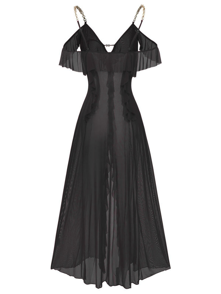 1930s Solid Mesh Ruffle Cold-Shoulder Slit Nightdress - vintage dress, retro fashion