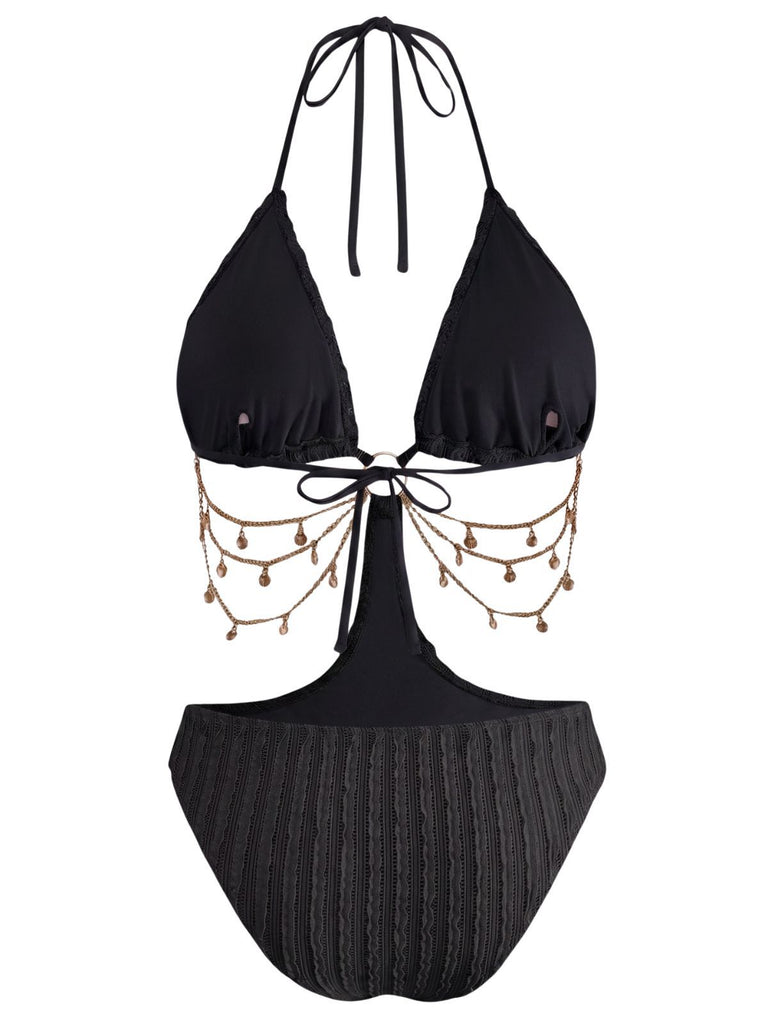 1930s Solid Metal Chain Cutout Swimsuit, vintage swimsuit, pin-up swimwear - perfect for women who love vintage and retro fashion