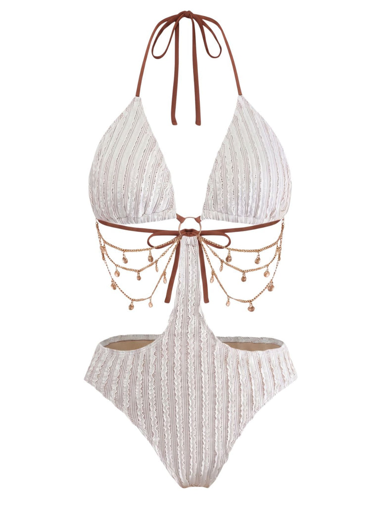 1930s Solid Metal Chain Cutout Swimsuit, vintage swimsuit, pin-up swimwear - perfect for women who love vintage and retro fashion
