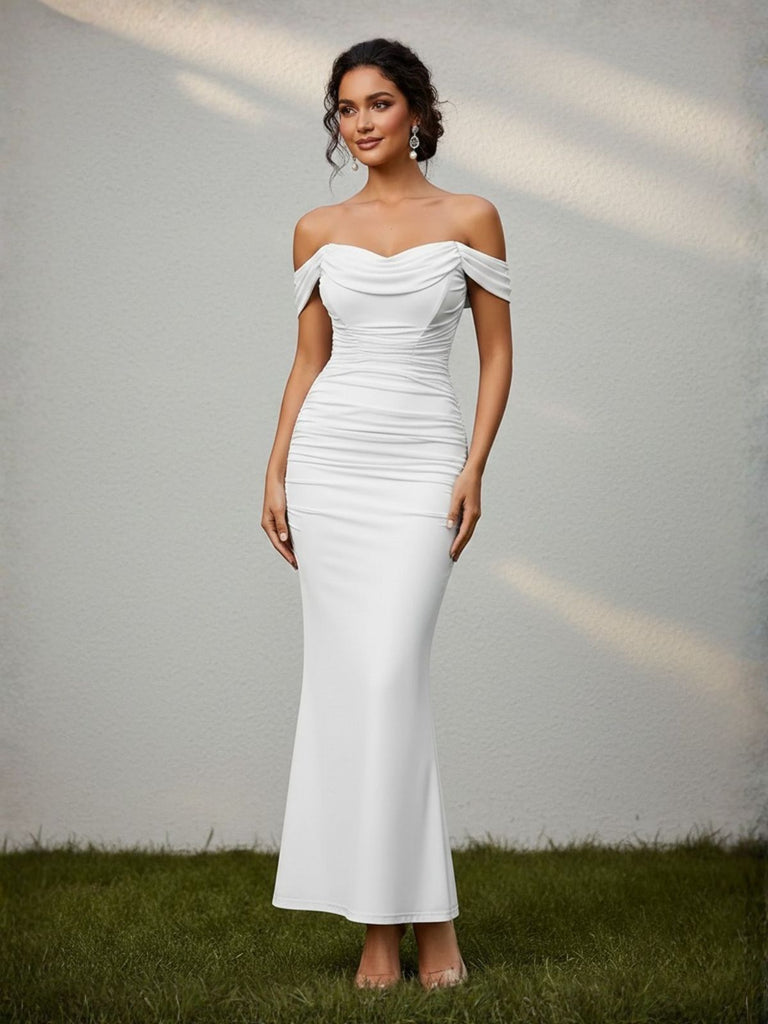 1930s Solid Off-Shoulder Bodycon Maxi Dress - vintage dress, retro fashion