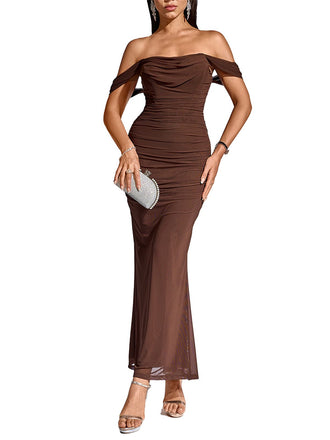 1930s Solid Off-Shoulder Bodycon Maxi Dress - vintage dress, retro fashion