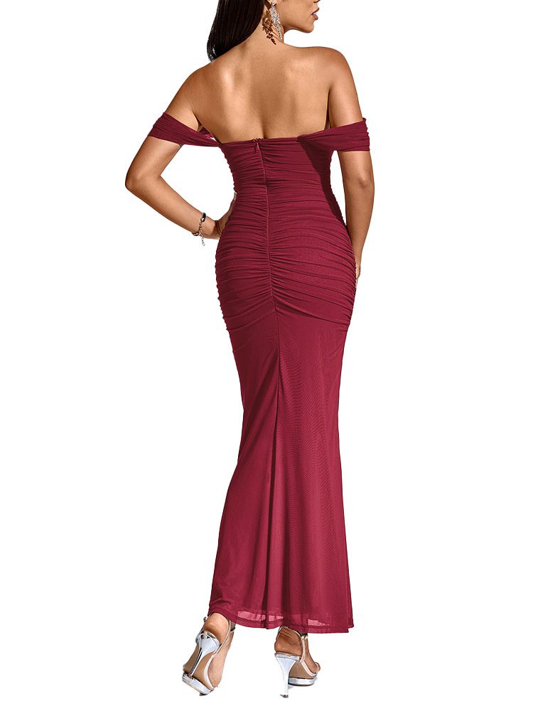 1930s Solid Off-Shoulder Bodycon Maxi Dress - vintage dress, retro fashion