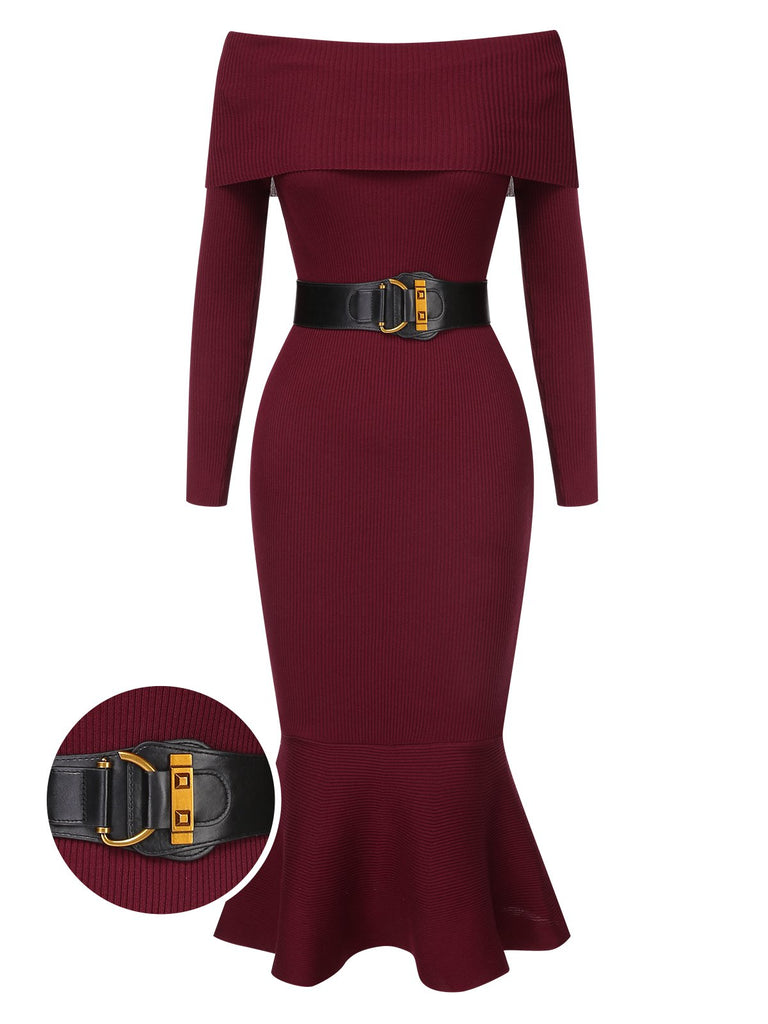1930s Solid Off-Shoulder Knitted Fishtail Dress With Belt, vintage dress, retro fashion - perfect for women who love vintage and retro fashion