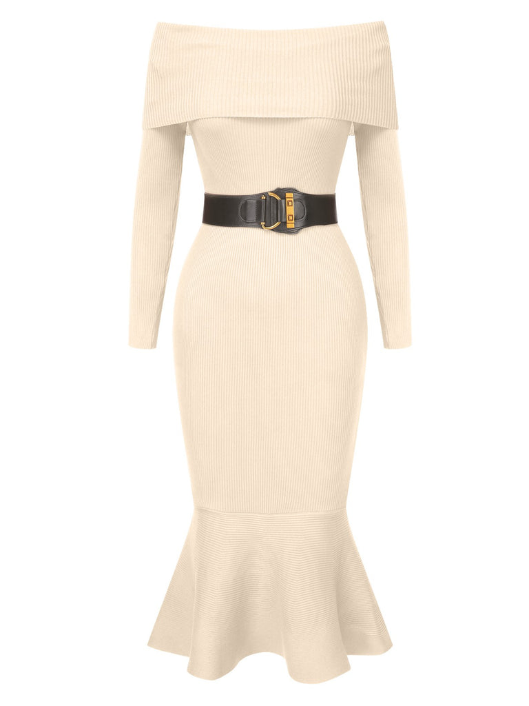 1930s Solid Off-Shoulder Knitted Fishtail Dress With Belt, vintage dress, retro fashion - perfect for women who love vintage and retro fashion