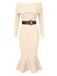1930s Solid Off-Shoulder Knitted Fishtail Dress With Belt, vintage dress, retro fashion - perfect for women who love vintage and retro fashion