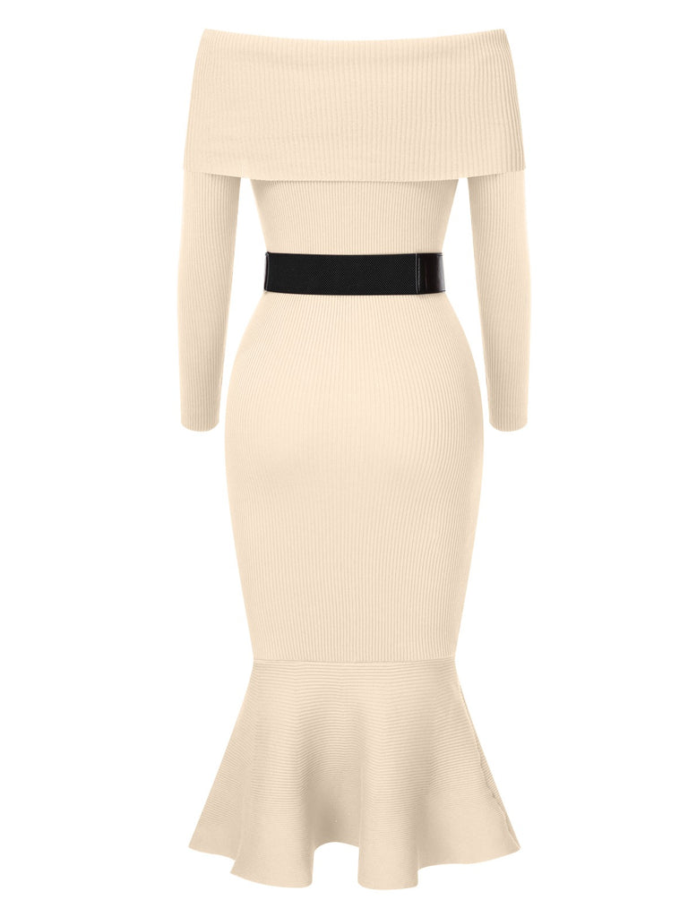 1930s Solid Off-Shoulder Knitted Fishtail Dress With Belt, vintage dress, retro fashion - perfect for women who love vintage and retro fashion