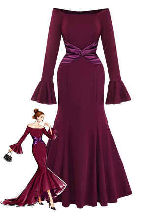 1930s Solid Off-Shoulder Pleated Bell Sleeve Dress - vintage dress, retro fashion