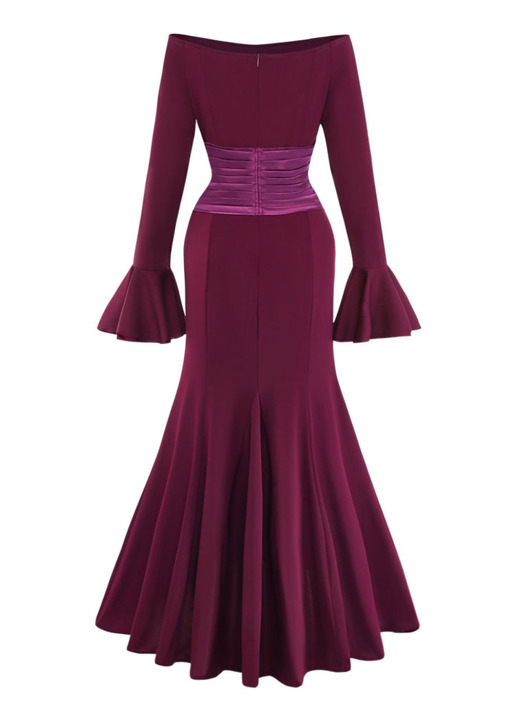 1930s Solid Off-Shoulder Pleated Bell Sleeve Dress - vintage dress, retro fashion
