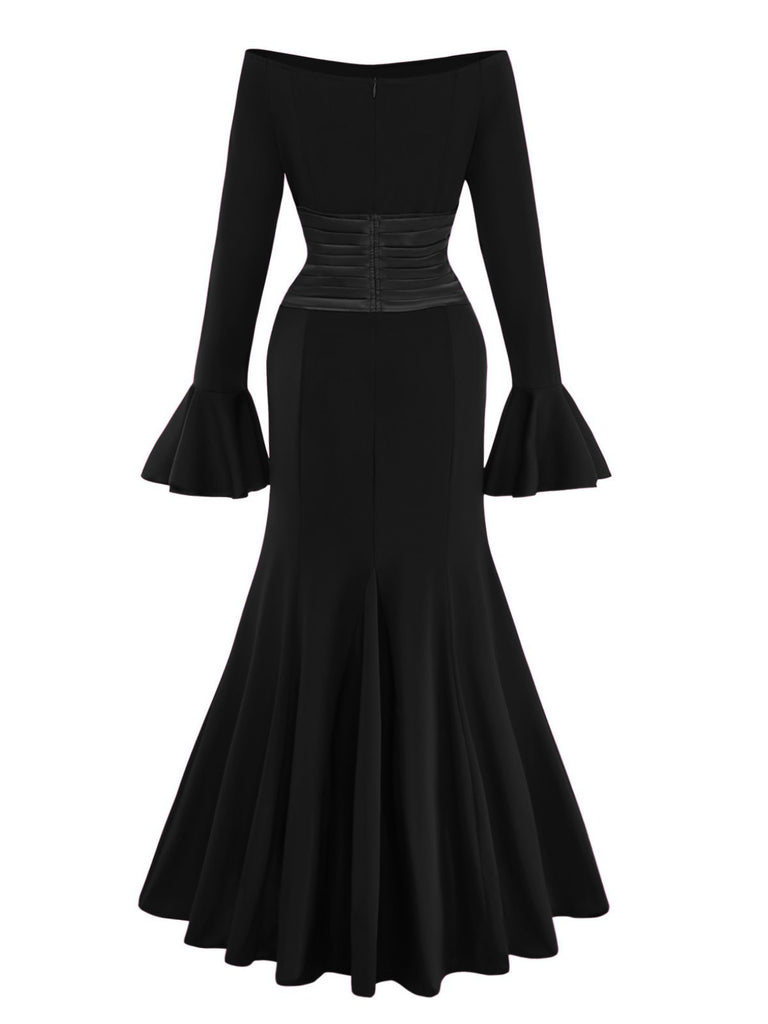 1930s Solid Off-Shoulder Pleated Bell Sleeve Dress - vintage dress, retro fashion