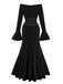 1930s Solid Off-Shoulder Pleated Bell Sleeve Dress - vintage dress, retro fashion