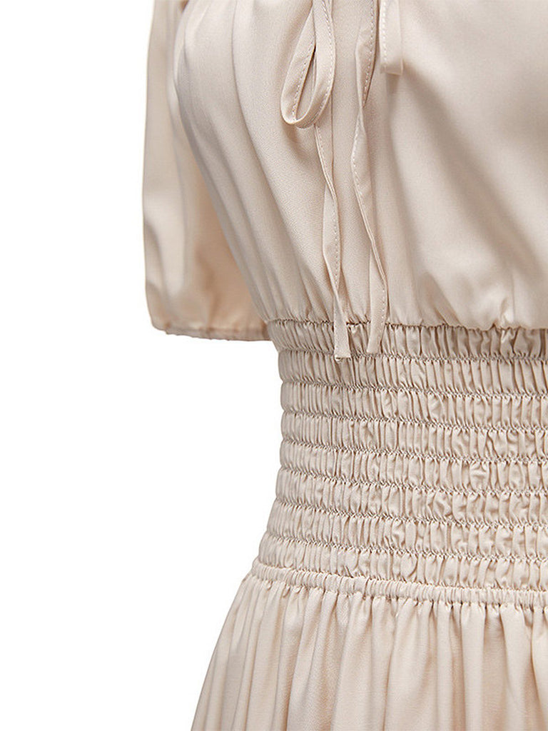 1930s Solid Off-Shoulder Smocked Puff Sleeves Dress — a 1930s silhouette that turns sidewalks into runways