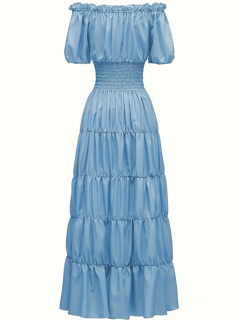 1930s Solid Off-Shoulder Smocked Puff Sleeves Dress: where 1930s romance meets her modern spirit