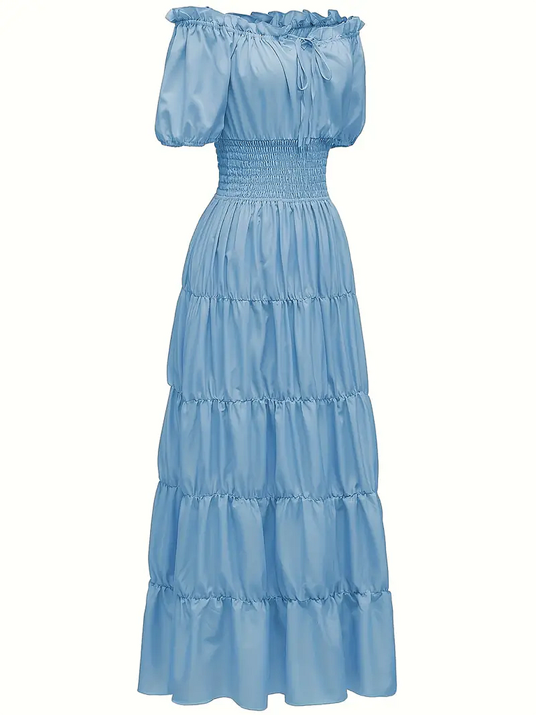 This 1930s Solid Off-Shoulder Smocked Puff Sleeves Dress wraps her in 1930s elegance, one twirl at a time